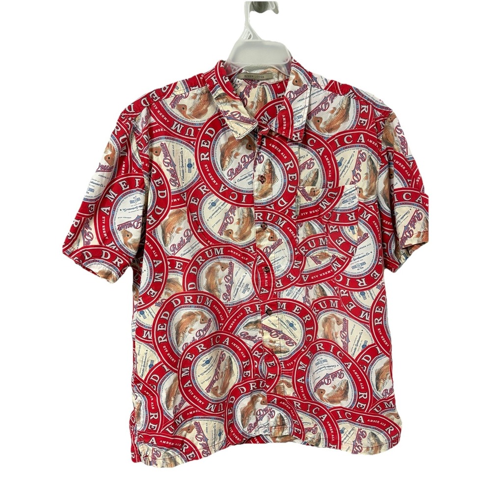 Columbia Red Drum Fishing Shirt Men XL Red River Lodge All Over Print Logo Dad